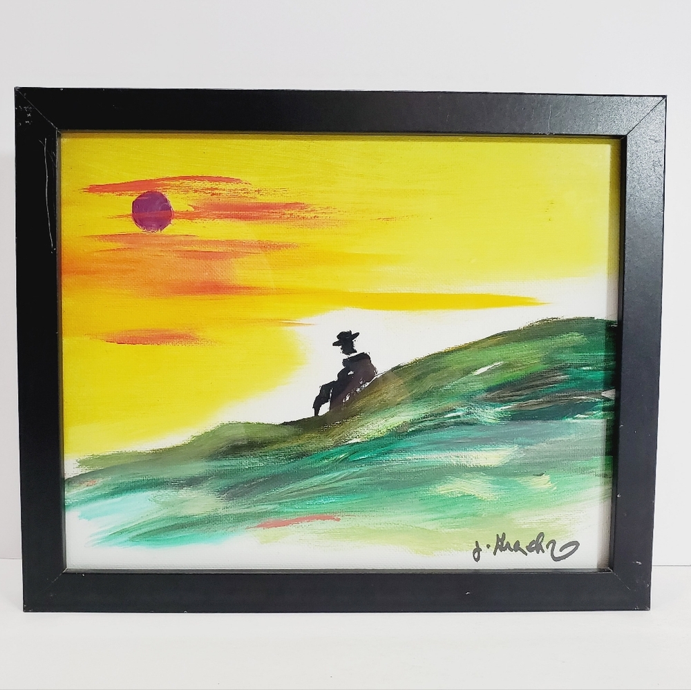 Original Oil Painting Artist: J. Gradaz Man Sitting On a Hill At Sunset